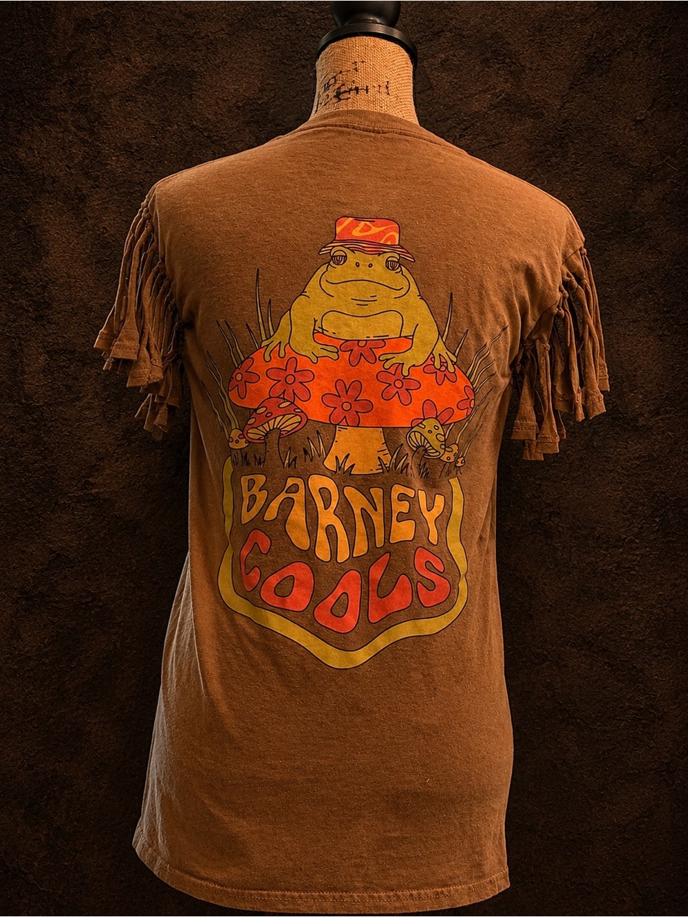Vintage Graphic Fringe Tee — 'Barney Cools' Brown Yellow Orange